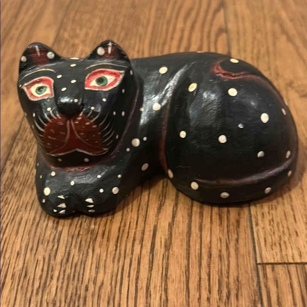 Handcrafted Black Cat Figurine with White Dots